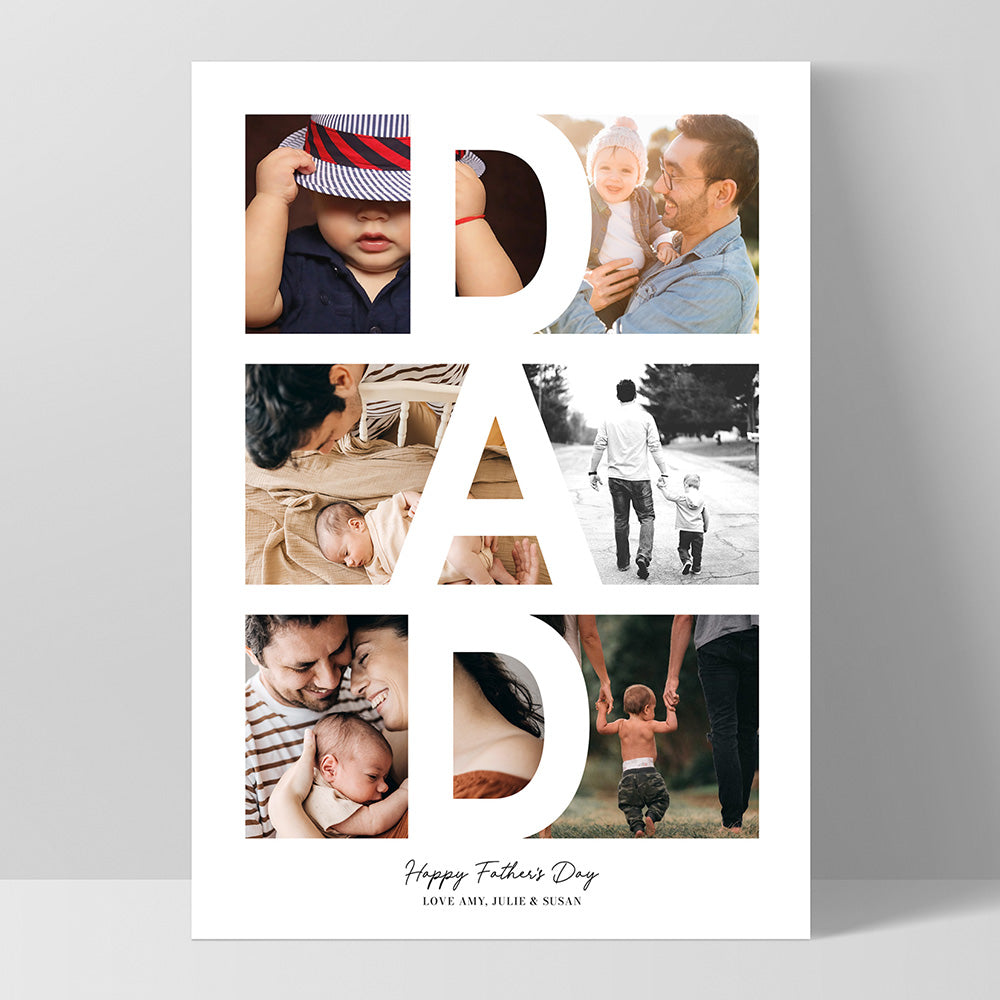 Custom Fathers Day Photo Collage - Art Print, Poster, Stretched Canvas, or Framed Wall Art Print, shown as a stretched canvas or poster without a frame