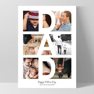 Custom Fathers Day Photo Collage - Art Print, Poster, Stretched Canvas, or Framed Wall Art Print, shown as a stretched canvas or poster without a frame