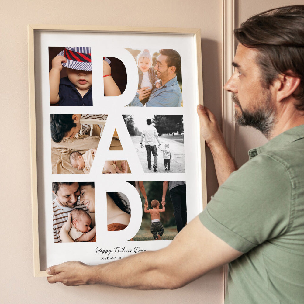 Custom Fathers Day Photo Collage - Art Print, Poster, Stretched Canvas or Framed Wall Art Prints, shown framed in a room