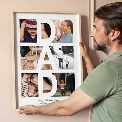 Custom Fathers Day Photo Collage - Art Print, Poster, Stretched Canvas or Framed Wall Art Prints, shown framed in a room