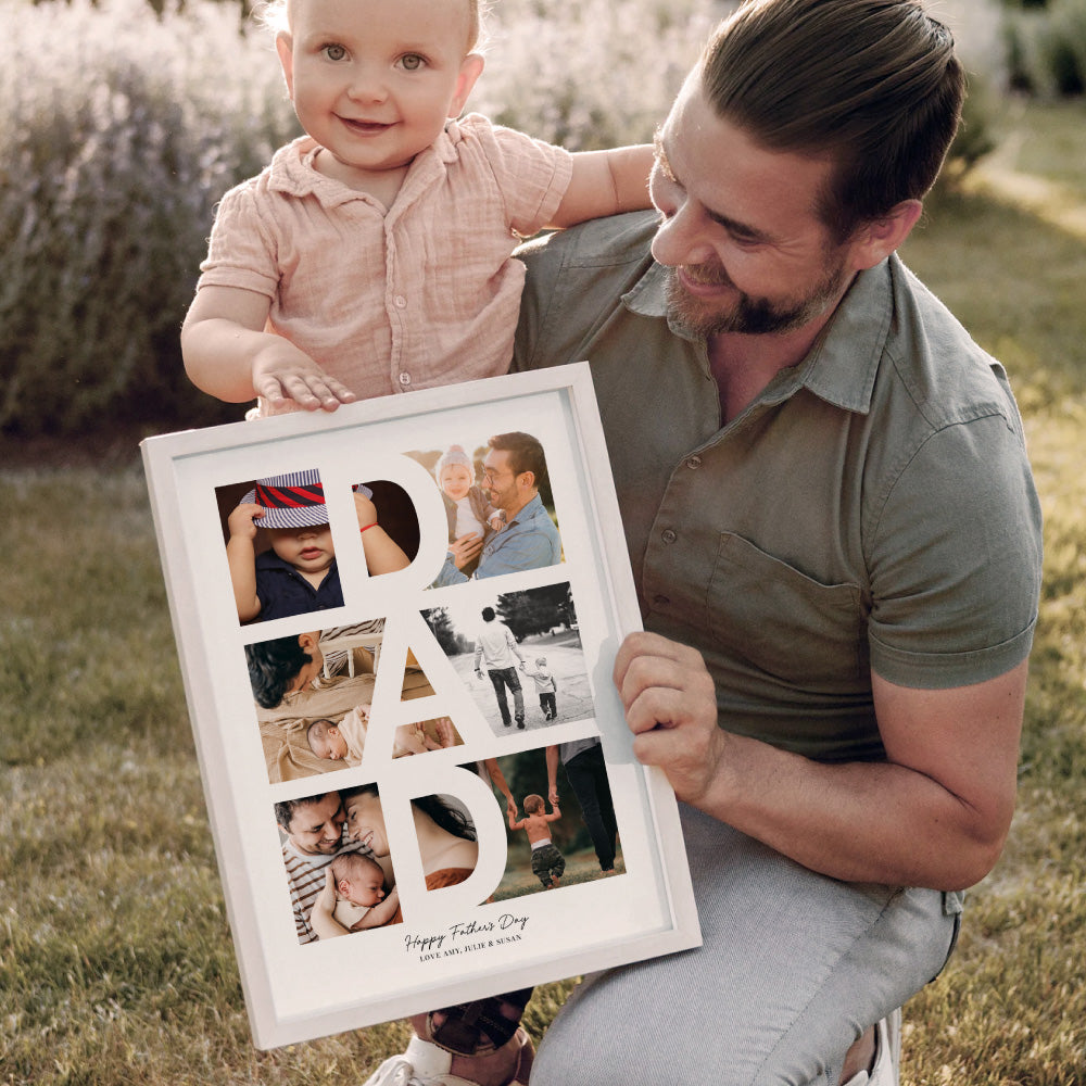 Custom Fathers Day Photo Collage - Art Print, Poster, Stretched Canvas or Framed Wall Art, shown framed in a home interior space