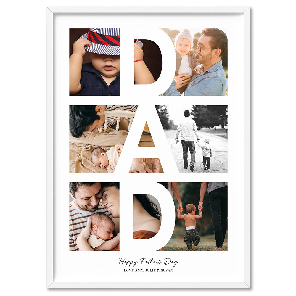 Custom Fathers Day Photo Collage - Art Print, Poster, Stretched Canvas, or Framed Wall Art Print, shown in a white frame