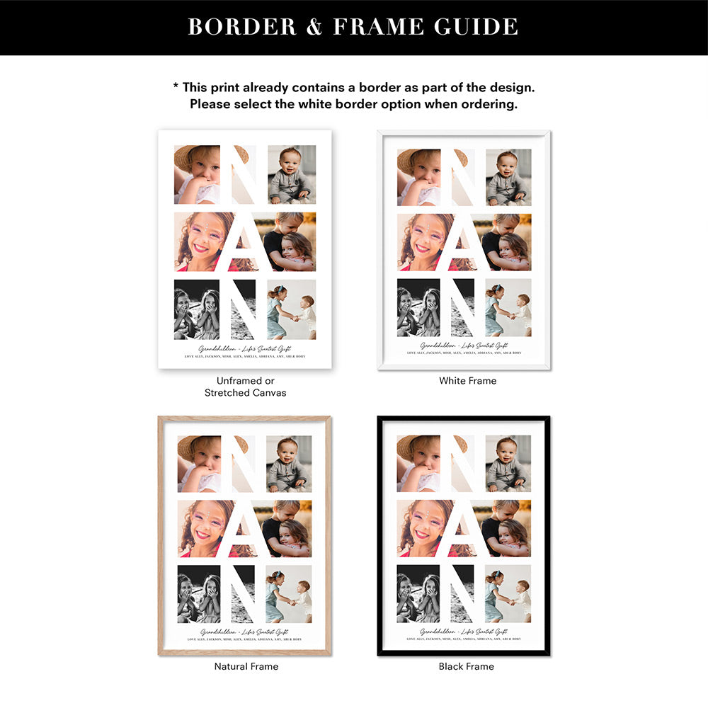 Custom Grandma Photo Collage - Art Print, Poster, Stretched Canvas or Framed Wall Art, Showing White , Black, Natural Frame Colours, No Frame (Unframed) or Stretched Canvas, and With or Without White Borders