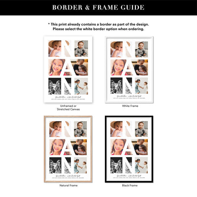 Custom Grandma Photo Collage - Art Print, Poster, Stretched Canvas or Framed Wall Art, Showing White , Black, Natural Frame Colours, No Frame (Unframed) or Stretched Canvas, and With or Without White Borders