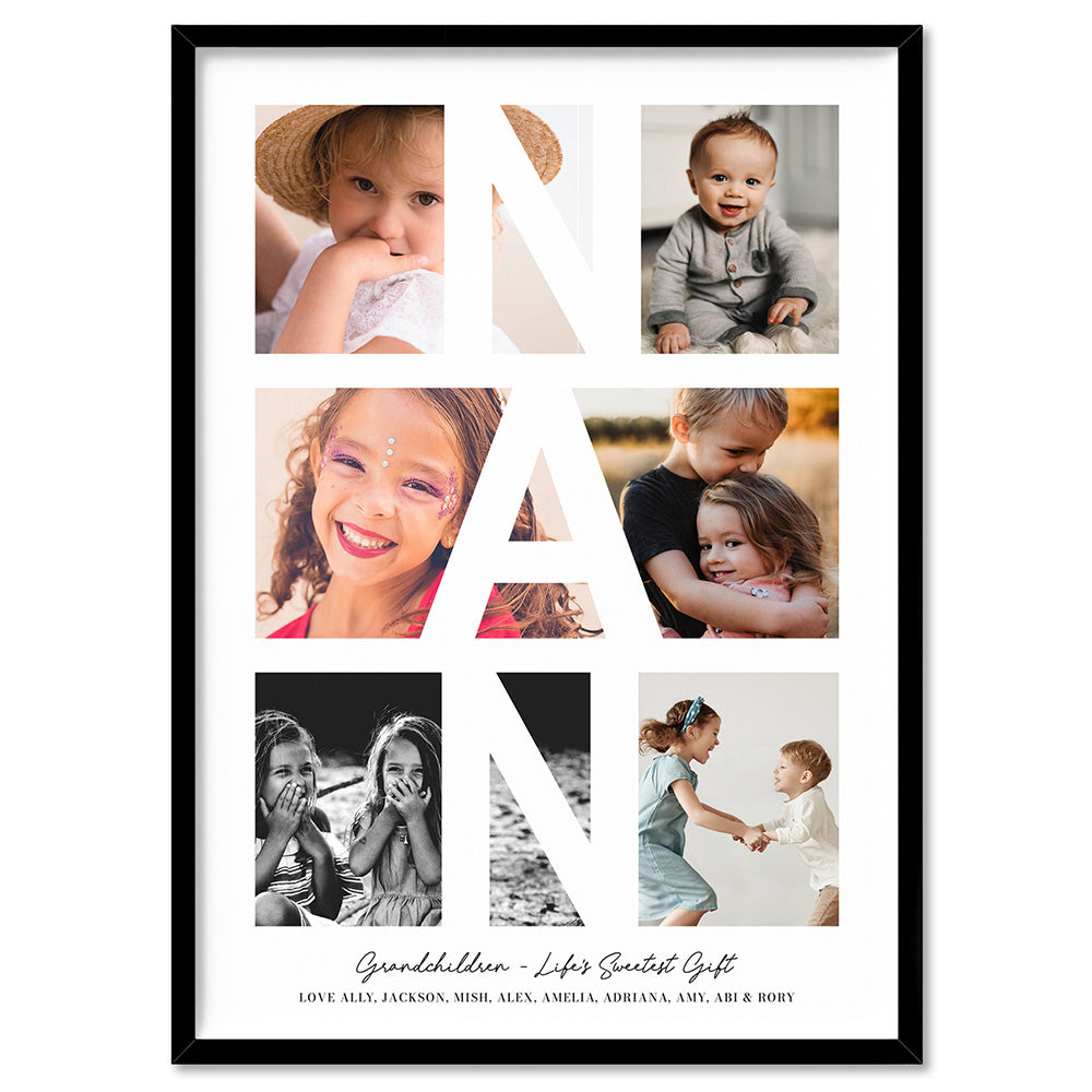 Custom Grandma Photo Collage - Art Print, Poster, Stretched Canvas, or Framed Wall Art Print, shown in a black frame