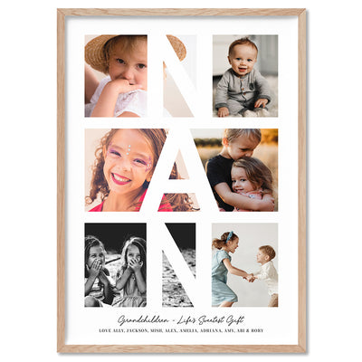 Custom Grandma Photo Collage - Art Print, Poster, Stretched Canvas, or Framed Wall Art Print, shown in a natural timber frame