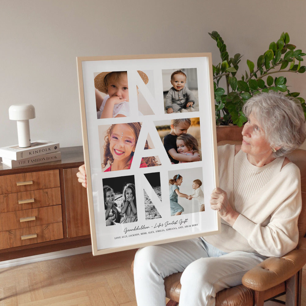 Custom Grandma Photo Collage - Art Print, Poster, Stretched Canvas or Framed Wall Art Prints, shown framed in a room