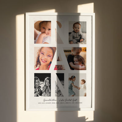 Custom Grandma Photo Collage - Art Print, Poster, Stretched Canvas or Framed Wall Art, shown framed in a home interior space