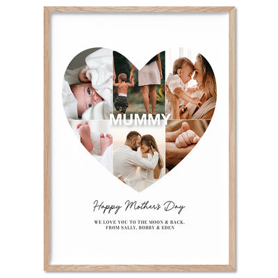 Custom Mothers Day Heart Photo Collage - Art Print, Poster, Stretched Canvas, or Framed Wall Art Print, shown in a natural timber frame