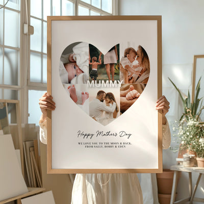 Custom Mothers Day Heart Photo Collage - Art Print, Poster, Stretched Canvas or Framed Wall Art, shown framed in a home interior space