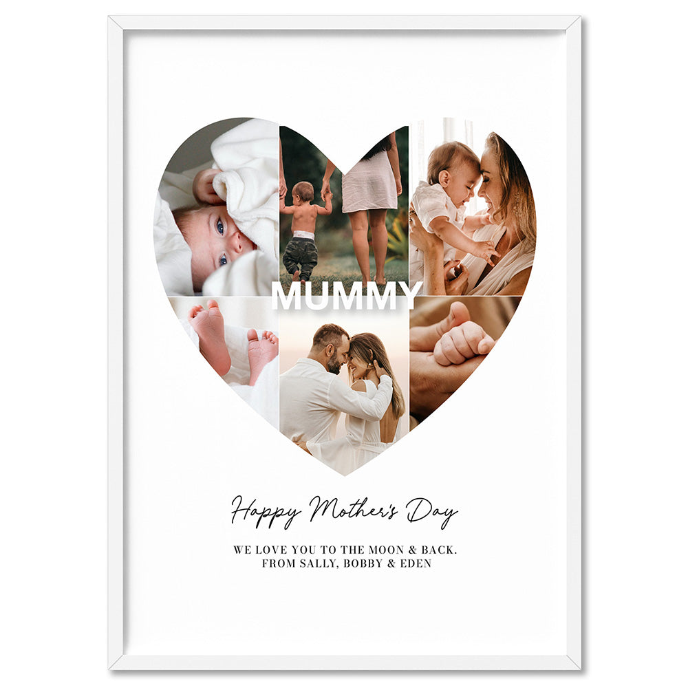 Custom Mothers Day Heart Photo Collage - Art Print, Poster, Stretched Canvas, or Framed Wall Art Print, shown in a white frame
