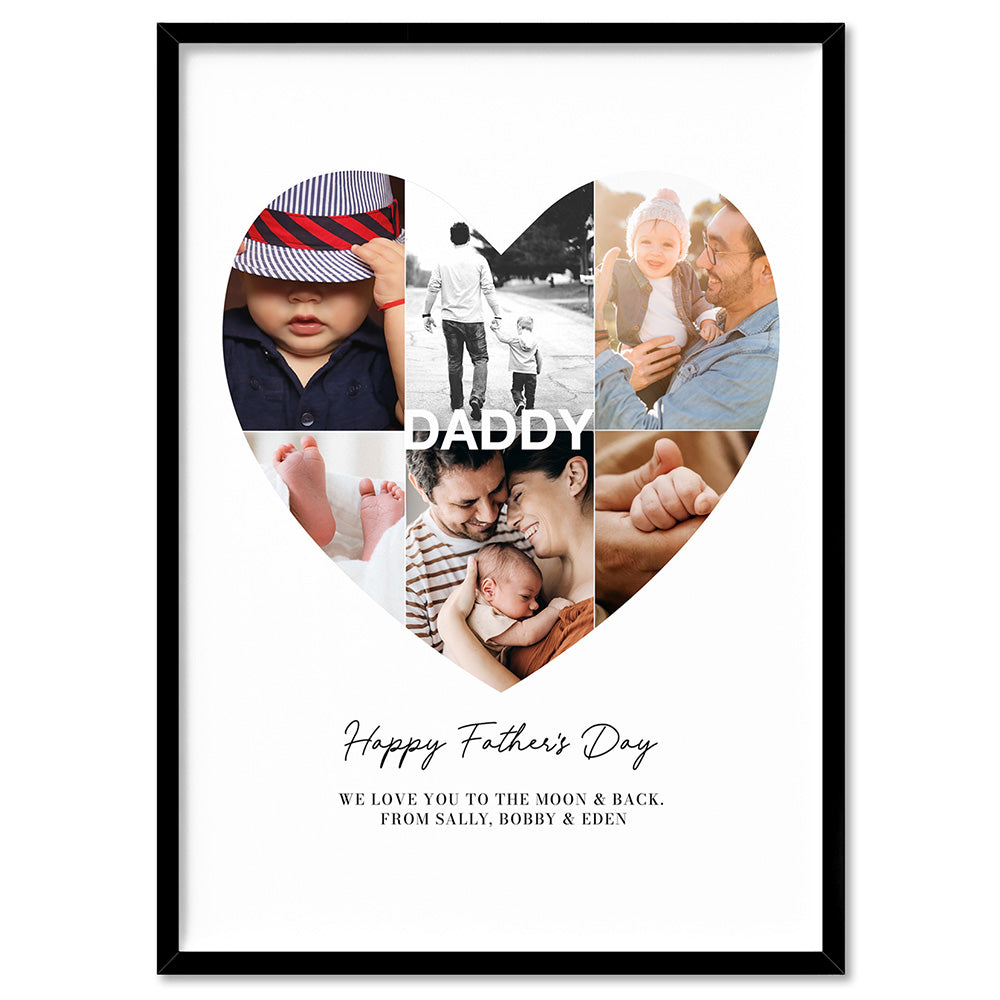Custom Fathers Day Heart Photo Collage - Art Print, Poster, Stretched Canvas, or Framed Wall Art Print, shown in a black frame