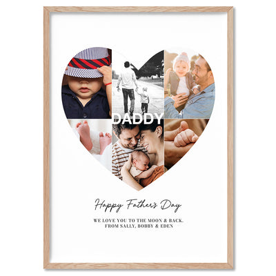 Custom Fathers Day Heart Photo Collage - Art Print, Poster, Stretched Canvas, or Framed Wall Art Print, shown in a natural timber frame