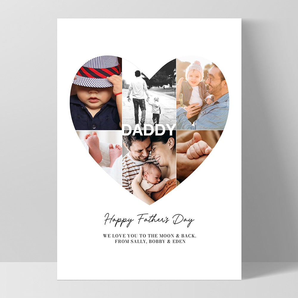 Custom Fathers Day Heart Photo Collage - Art Print, Poster, Stretched Canvas, or Framed Wall Art Print, shown as a stretched canvas or poster without a frame