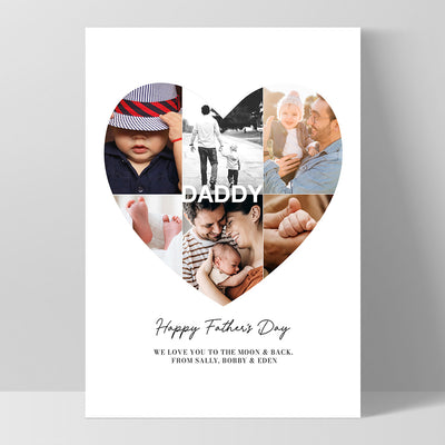 Custom Fathers Day Heart Photo Collage - Art Print, Poster, Stretched Canvas, or Framed Wall Art Print, shown as a stretched canvas or poster without a frame