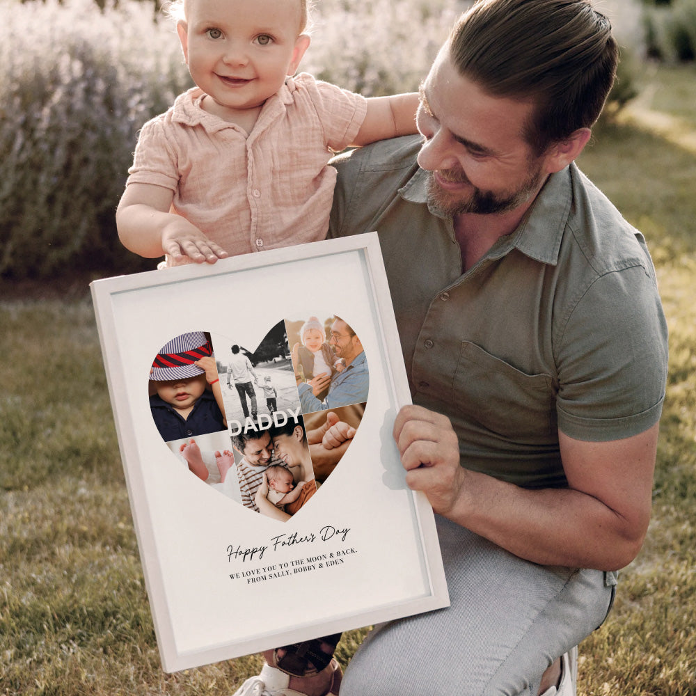 Custom Fathers Day Heart Photo Collage - Art Print, Poster, Stretched Canvas or Framed Wall Art Prints, shown framed in a room