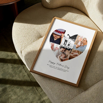 Custom Fathers Day Heart Photo Collage - Art Print, Poster, Stretched Canvas or Framed Wall Art, shown framed in a home interior space