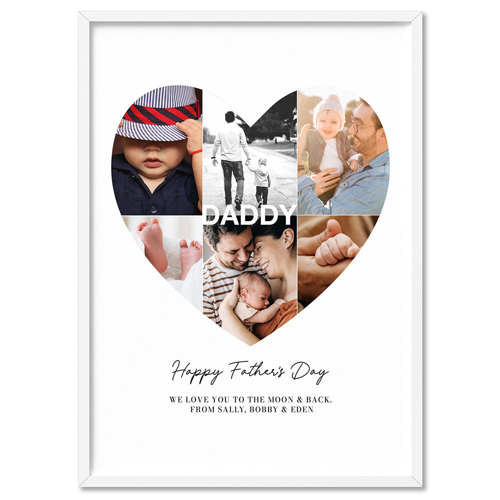 Custom Fathers Day Heart Photo Collage - Art Print, Poster, Stretched Canvas, or Framed Wall Art Print, shown in a white frame
