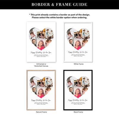 Custom Grandma Heart Photo Collage - Art Print, Poster, Stretched Canvas or Framed Wall Art, Showing White , Black, Natural Frame Colours, No Frame (Unframed) or Stretched Canvas, and With or Without White Borders