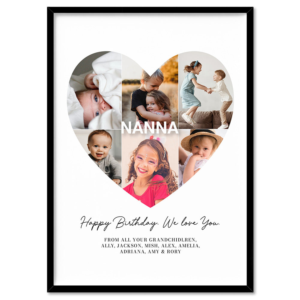 Custom Grandma Heart Photo Collage - Art Print, Poster, Stretched Canvas, or Framed Wall Art Print, shown in a black frame