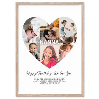 Custom Grandma Heart Photo Collage - Art Print, Poster, Stretched Canvas, or Framed Wall Art Print, shown in a natural timber frame