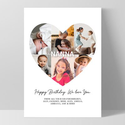 Custom Grandma Heart Photo Collage - Art Print, Poster, Stretched Canvas, or Framed Wall Art Print, shown as a stretched canvas or poster without a frame