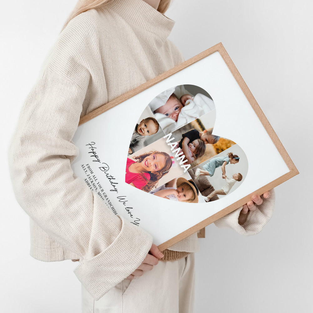 Custom Grandma Heart Photo Collage - Art Print, Poster, Stretched Canvas or Framed Wall Art Prints, shown framed in a room