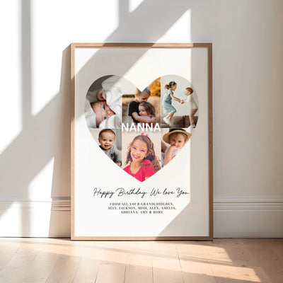 Custom Grandma Heart Photo Collage - Art Print, Poster, Stretched Canvas or Framed Wall Art, shown framed in a home interior space