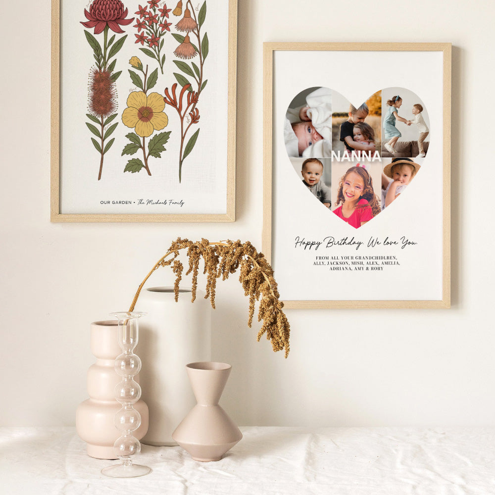 Custom Grandma Heart Photo Collage - Art Print, Poster, Stretched Canvas or Framed Wall Art, Close up View of Print Resolution