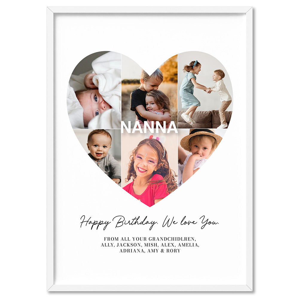 Custom Grandma Heart Photo Collage - Art Print, Poster, Stretched Canvas, or Framed Wall Art Print, shown in a white frame