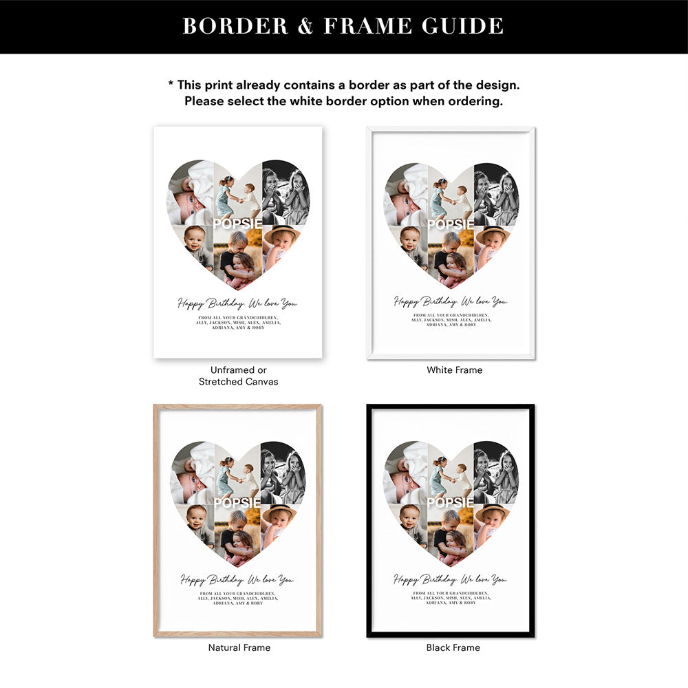 Custom Grandpa Heart Photo Collage - Art Print, Poster, Stretched Canvas or Framed Wall Art, Showing White , Black, Natural Frame Colours, No Frame (Unframed) or Stretched Canvas, and With or Without White Borders