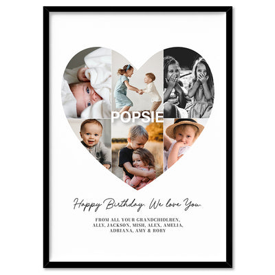 Custom Grandpa Heart Photo Collage - Art Print, Poster, Stretched Canvas, or Framed Wall Art Print, shown in a black frame