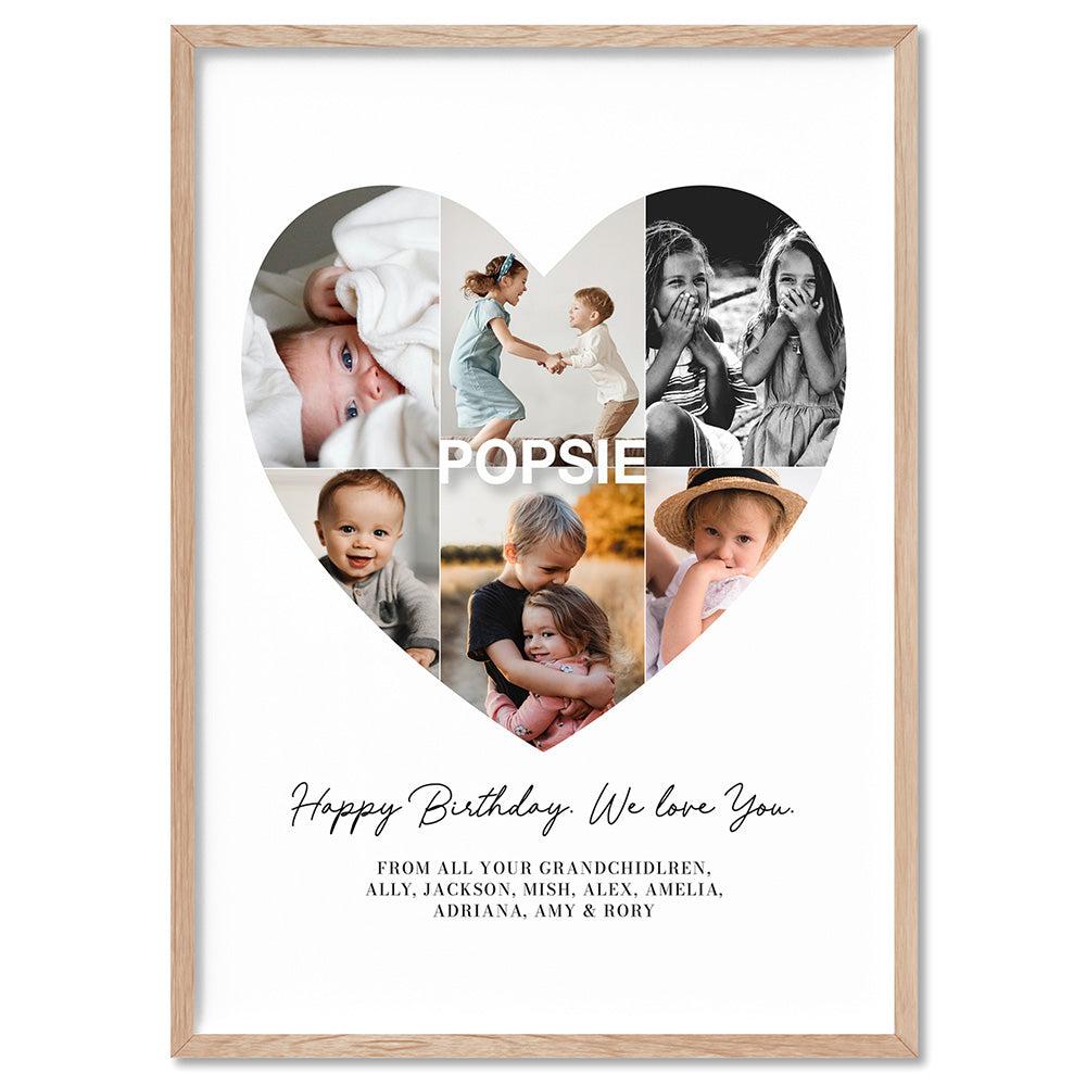 Custom Grandpa Heart Photo Collage - Art Print, Poster, Stretched Canvas, or Framed Wall Art Print, shown in a natural timber frame