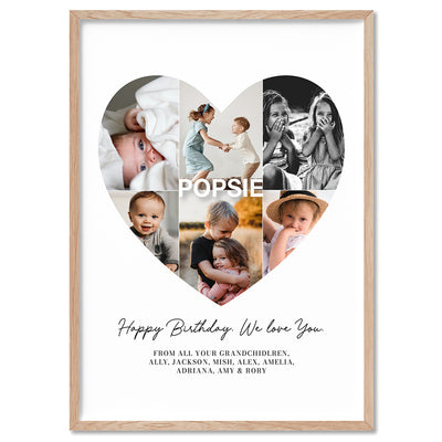 Custom Grandpa Heart Photo Collage - Art Print, Poster, Stretched Canvas, or Framed Wall Art Print, shown in a natural timber frame