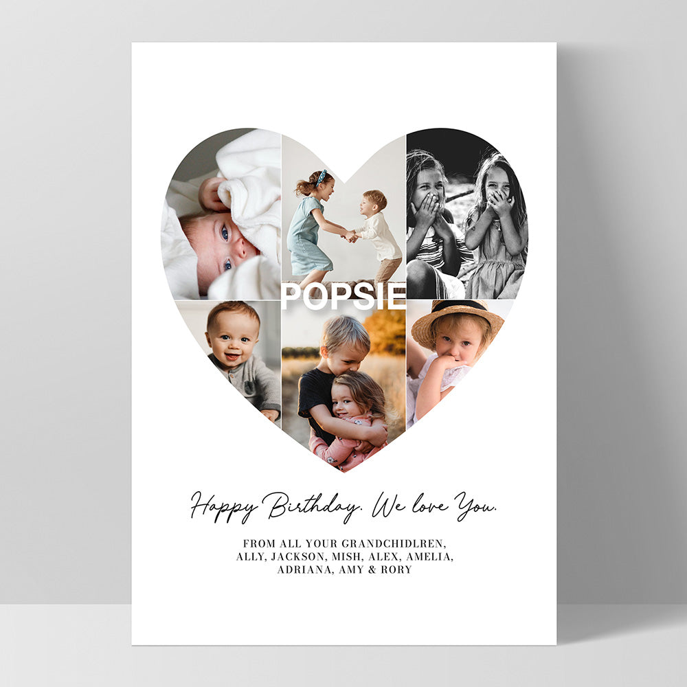 Custom Grandpa Heart Photo Collage - Art Print, Poster, Stretched Canvas, or Framed Wall Art Print, shown as a stretched canvas or poster without a frame