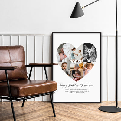 Custom Grandpa Heart Photo Collage - Art Print, Poster, Stretched Canvas or Framed Wall Art Prints, shown framed in a room