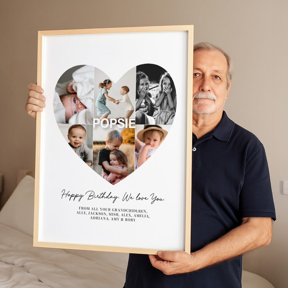Custom Grandpa Heart Photo Collage - Art Print, Poster, Stretched Canvas or Framed Wall Art, shown framed in a home interior space