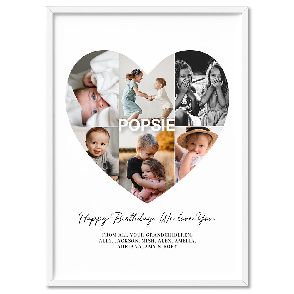 Custom Grandpa Heart Photo Collage - Art Print, Poster, Stretched Canvas, or Framed Wall Art Print, shown in a white frame