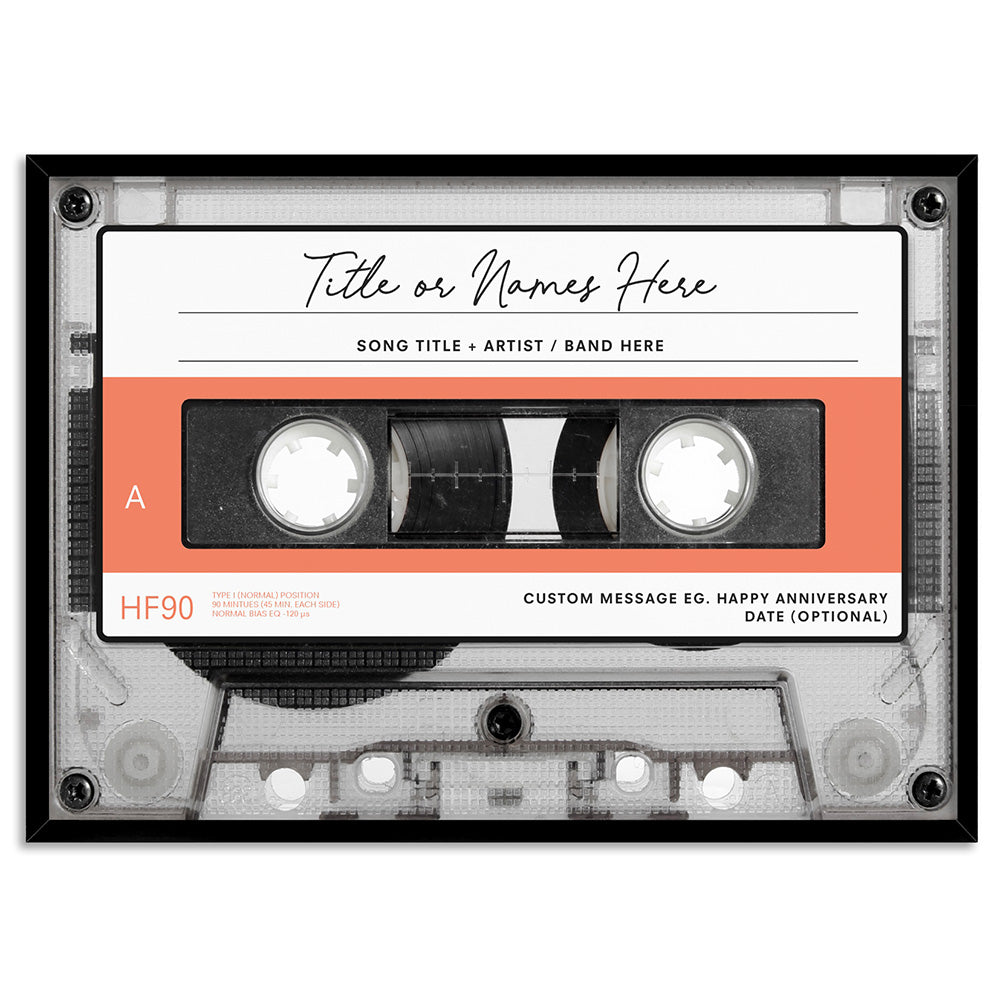 Custom Cassette Tape | Retro - Art Print, Poster, Stretched Canvas, or Framed Wall Art Print, shown in a black frame