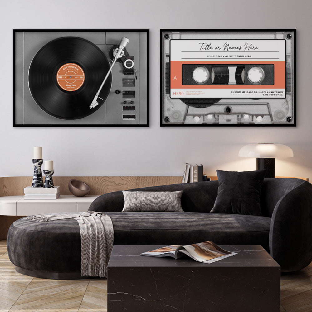 Custom Cassette Tape | Retro - Art Print, Poster, Stretched Canvas or Framed Wall Art, shown framed in a home interior space