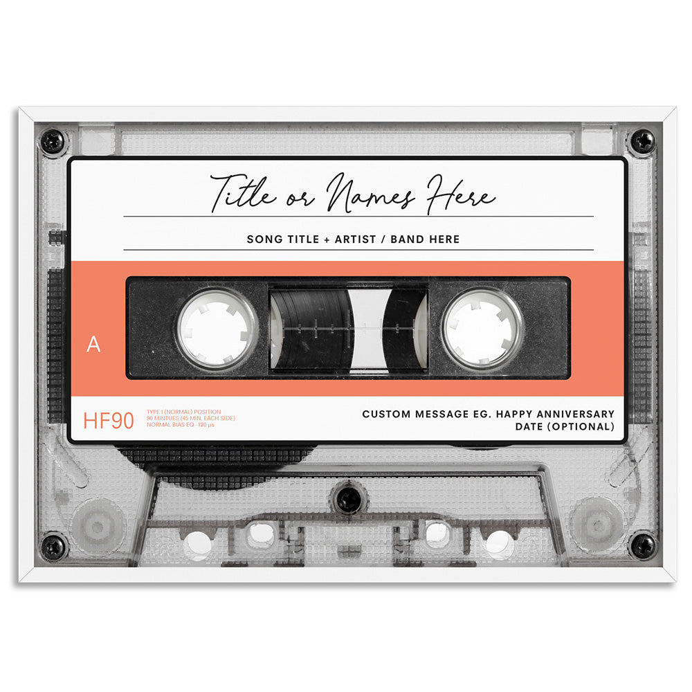 Custom Cassette Tape | Retro - Art Print, Poster, Stretched Canvas, or Framed Wall Art Print, shown in a white frame