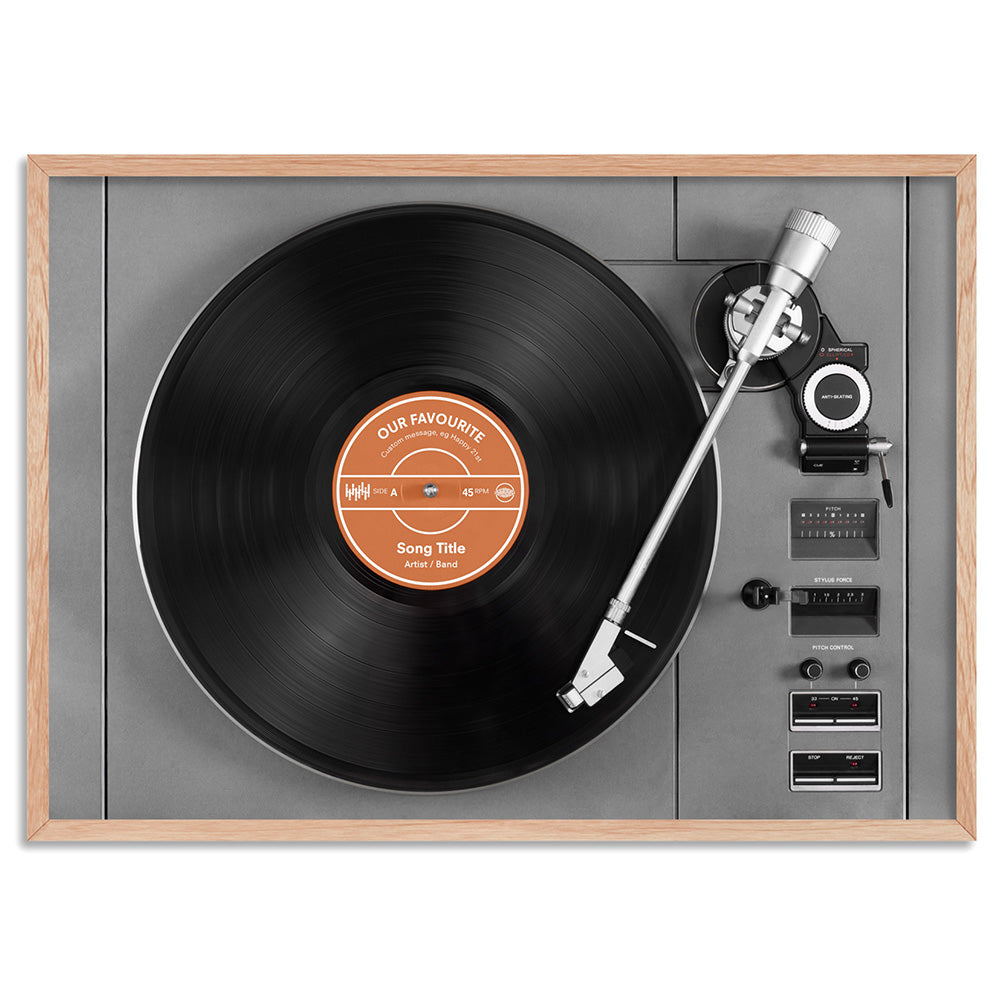 Custom Vinyl Record Player - Art Print, Poster, Stretched Canvas, or Framed Wall Art Print, shown in a natural timber frame