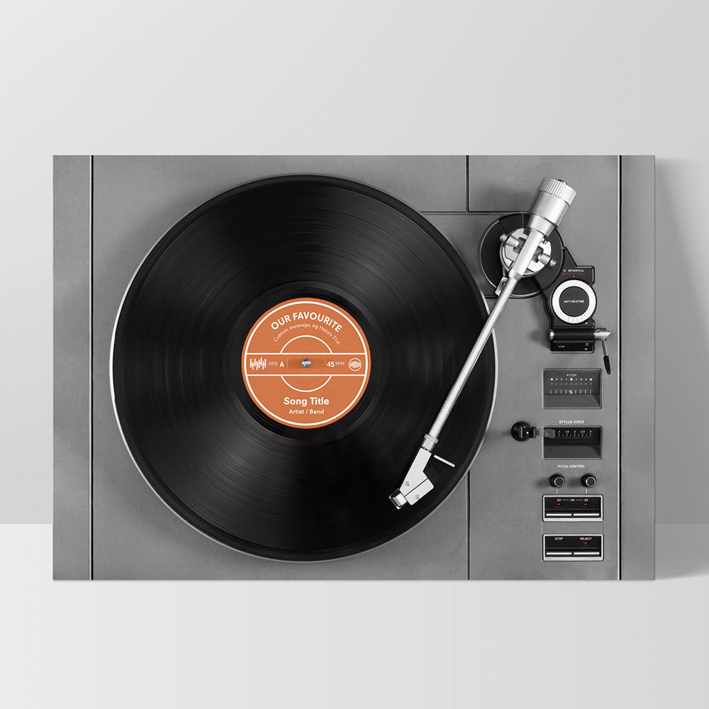 Custom Vinyl Record Player - Art Print, Poster, Stretched Canvas, or Framed Wall Art Print, shown as a stretched canvas or poster without a frame