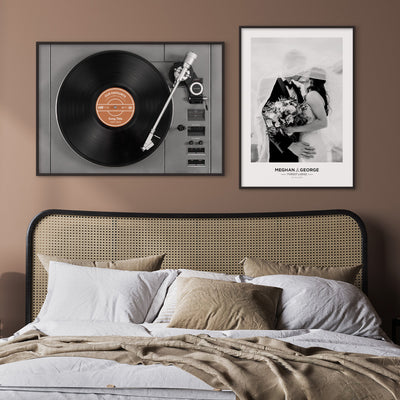 Custom Vinyl Record Player - Art Print, Poster, Stretched Canvas or Framed Wall Art, shown framed in a home interior space