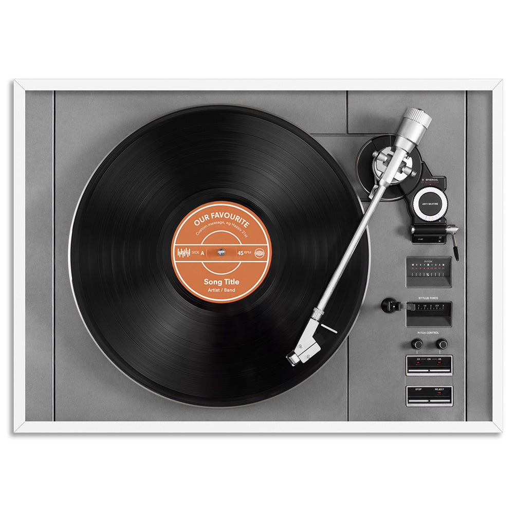 Custom Vinyl Record Player - Art Print, Poster, Stretched Canvas, or Framed Wall Art Print, shown in a white frame