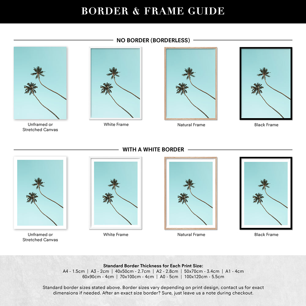 Twim Palms - Art Print, Poster, Stretched Canvas or Framed Wall Art, Showing White , Black, Natural Frame Colours, No Frame (Unframed) or Stretched Canvas, and With or Without White Borders