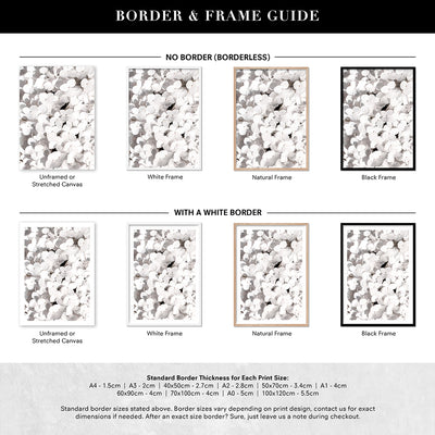 White Hydrangea Detail - Art Print, Poster, Stretched Canvas or Framed Wall Art, Showing White , Black, Natural Frame Colours, No Frame (Unframed) or Stretched Canvas, and With or Without White Borders