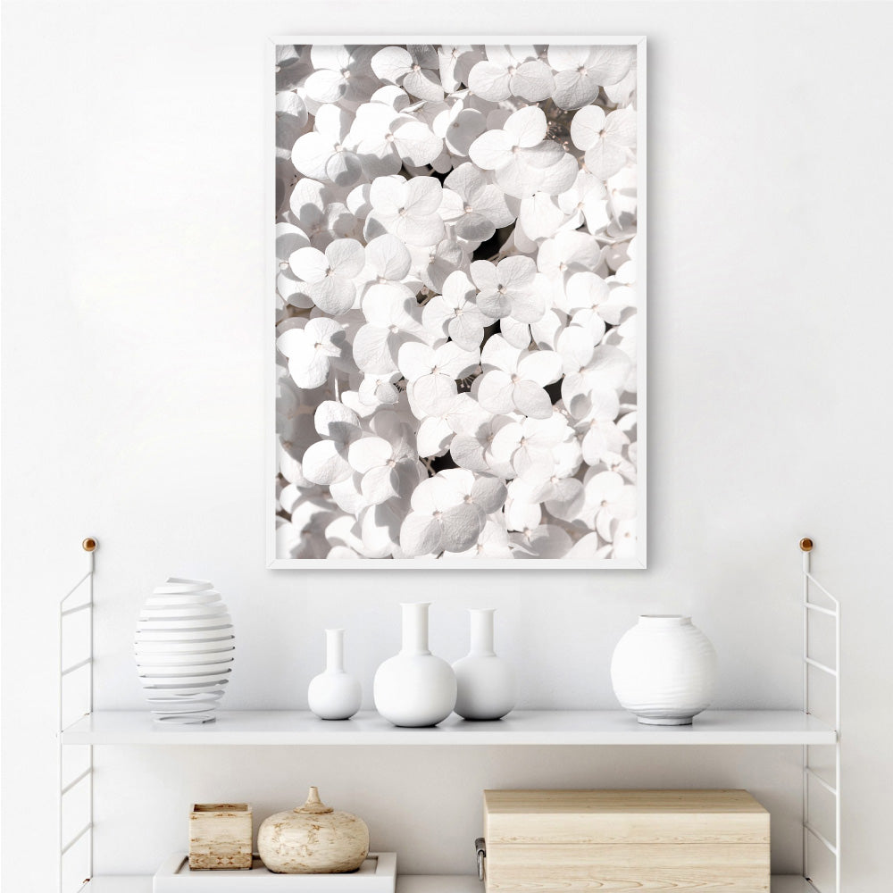 White Hydrangea Detail - Art Print, Poster, Stretched Canvas or Framed Wall Art Prints, shown framed in a room
