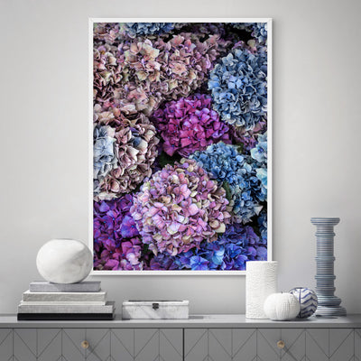 Purple & Pink Hydrangea Detail - Art Print, Poster, Stretched Canvas or Framed Wall Art Prints, shown framed in a room