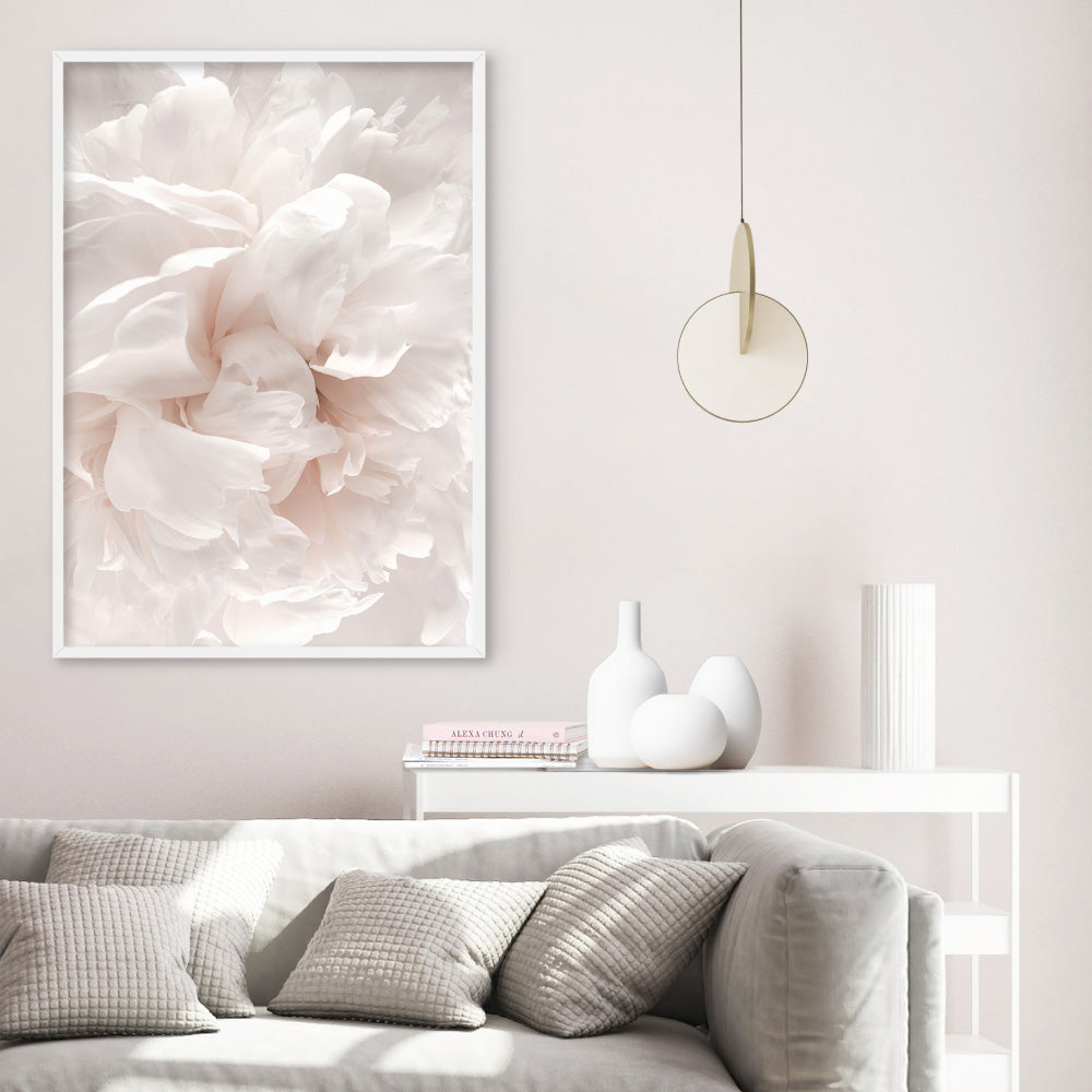 Peony Dance I - Art Print, Poster, Stretched Canvas or Framed Wall Art Prints, shown framed in a room